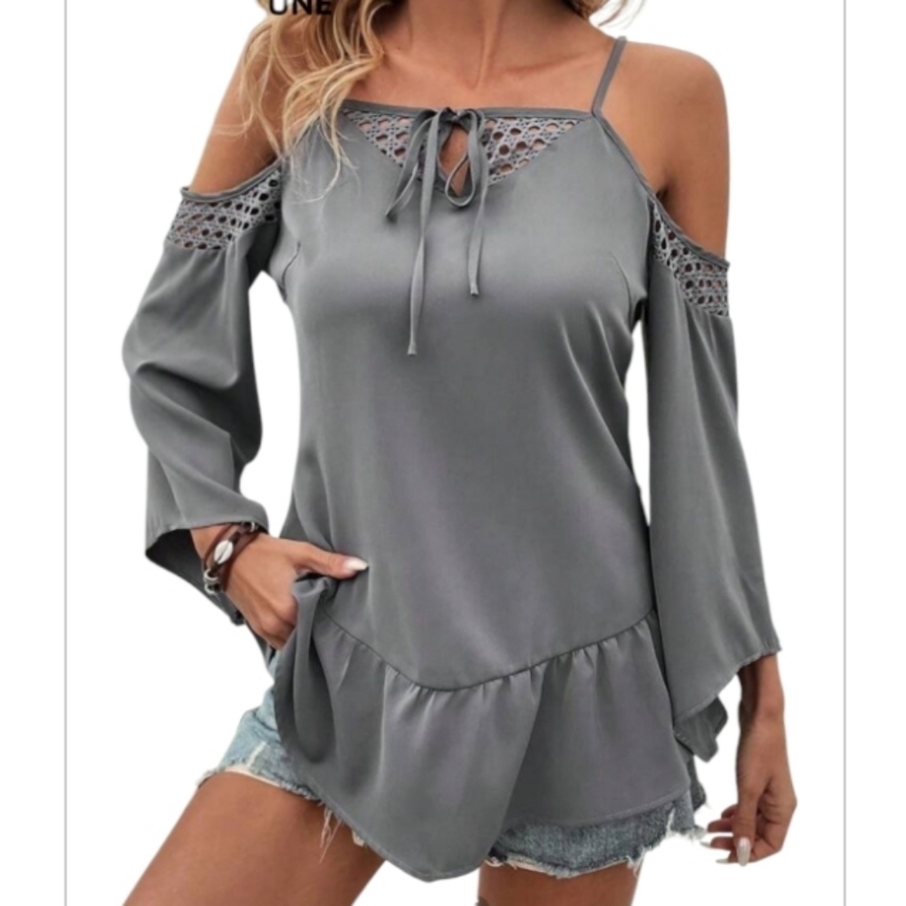 SHEIN Cold Shoulder Blouse W/ Lace Cut Out Detailing